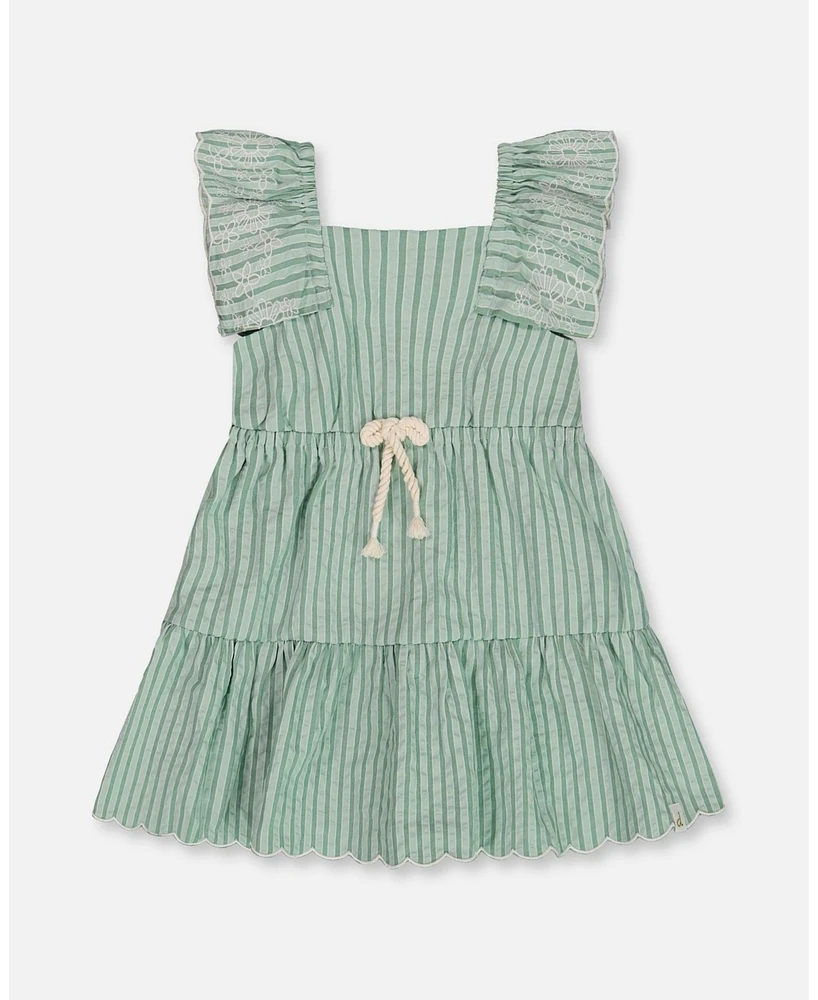 Deux par Deux Toddler Girls Chambray Dress With Embroidery Mint Green Striped - Toddler|Child