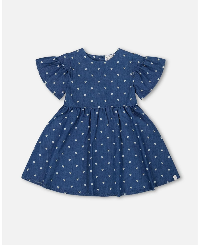 Deux par Big Girls Printed Chambray Dress Navy Blue And White Hearts