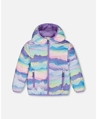 Deux par Big Girls Printed Quilted Mid-Season Jacket Mauve And Blue, Pink Mountain