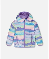 Deux par Big Girls Printed Quilted Mid-Season Jacket Mauve And Blue