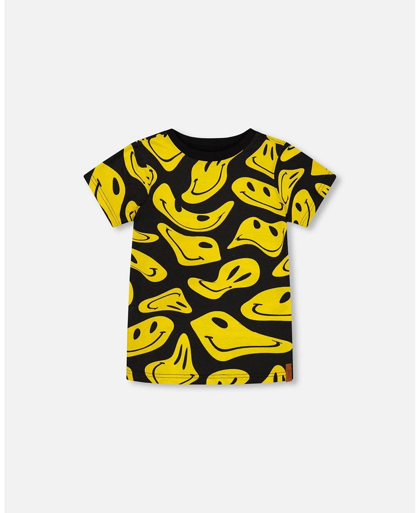 Deux par Big Boys Printed Organic Cotton Tee Black And Yellow Smile