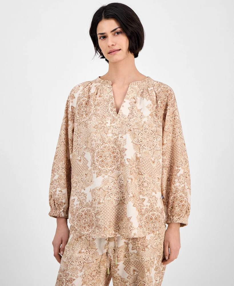 Nautica Jeans Women's Tile-Print Linen-Blend Blouse
