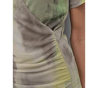 Dkny Women's Printed Surplice-Neck Short-Sleeve Mesh Top