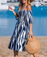 Women's Abstract Stripe Off-Shoulder Midi Beach Dress