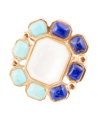 Barse Dual Color Blue Lapis Turquoise and White Mother of Pearl Golden Octagon Ring