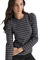 Dkny Jeans Petite Striped Round-Neck Puff-Shoulder Top