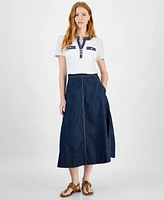 Tommy Hilfiger Women's Denim-Trim Split-Neck Knit Top