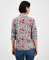 Nautica Jeans Women's Floral-Print Cotton Roll-Tab Shirt