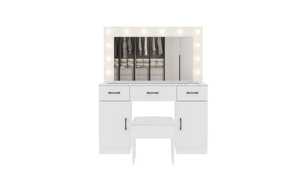Vanity Desk Set with Large Lighted Mirror and Power Outlet for Convenient Makeup and Grooming