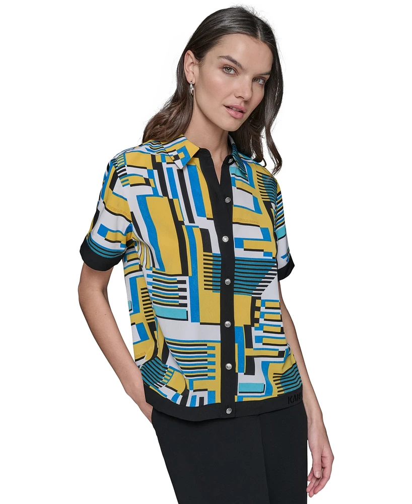 Karl Lagerfeld Paris Women's Abstract-Print Button-Down Short-Sleeve Top