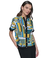 Karl Lagerfeld Paris Women's Abstract-Print Button-Down Short-Sleeve Top