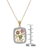 Multi-Gemstone Triple Flower 18" Pendant Necklace (3/8 ct. t.w.) in Two-Tone Sterling Silver