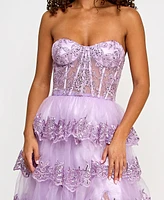 B Darlin Juniors' Floral Sequin Embellished Ruffled Strapless Gown, Created for Macy's