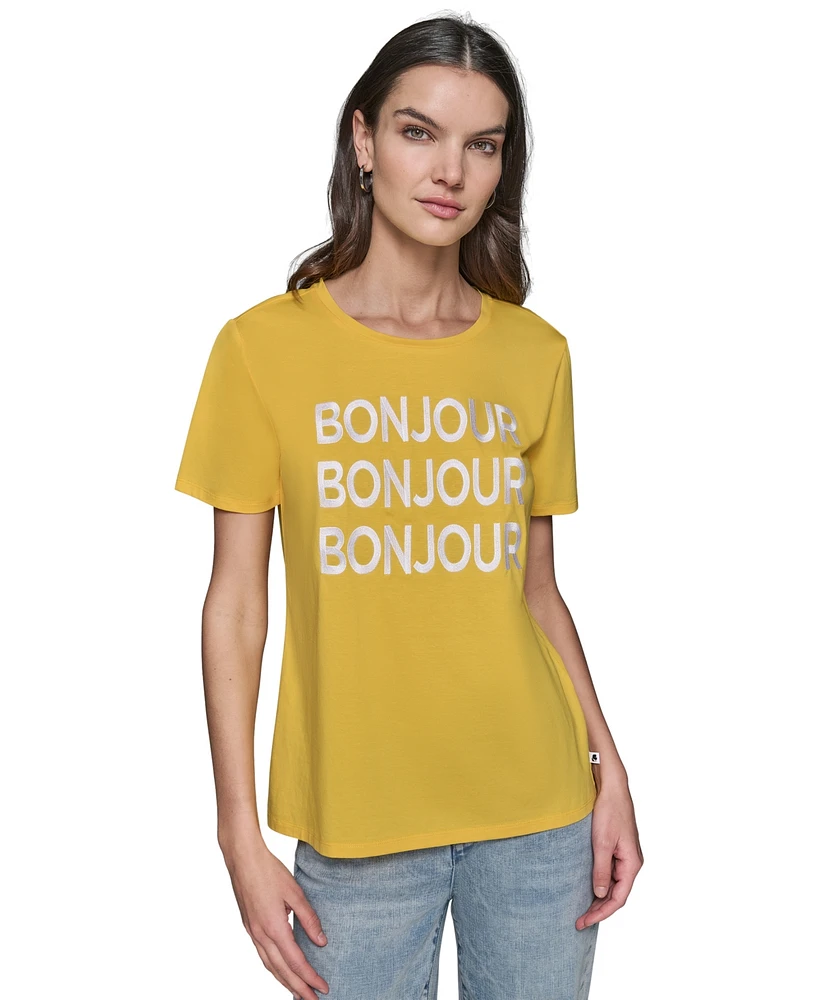 Karl Lagerfeld Paris Women's Embroidered Bonjour T-Shirt