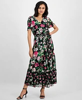 Kasper Women's Printed Tiered Smocked-waist Flutter-Sleeve Dress, Regular & Petite Sizes