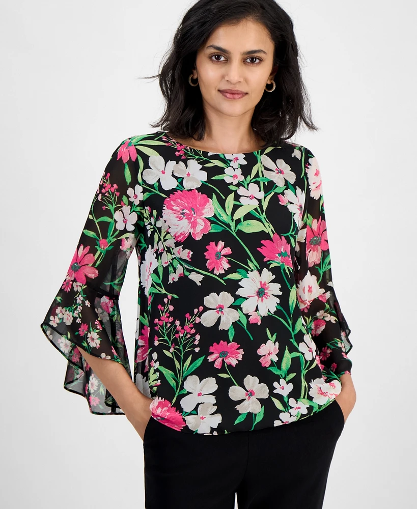 Kasper Women's Floral Chiffon Ruffle Bell-Sleeve Blouse
