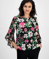 Kasper Women's Floral Chiffon Ruffle Bell-Sleeve Blouse