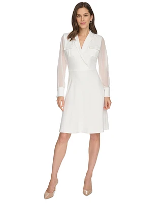 Calvin Klein Petite Chiffon-Sleeve Faux-Wrap Dress