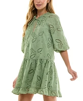 Seni & Cade Juniors' Eyelet Embroidered Blouson-Sleeve Shift Dress