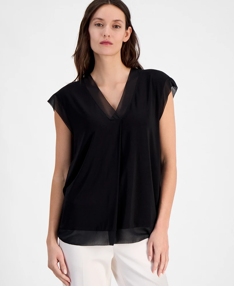 Anne Klein Women's Extended-Shoulder Mixed-Media Top