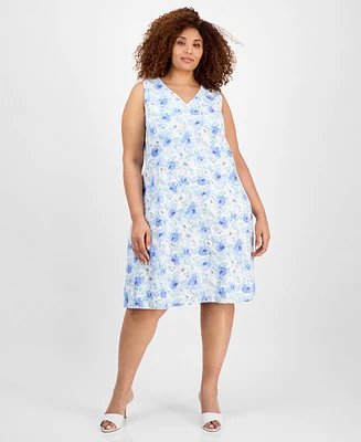 Jones New York Plus Printed V-Neck Midi Dress