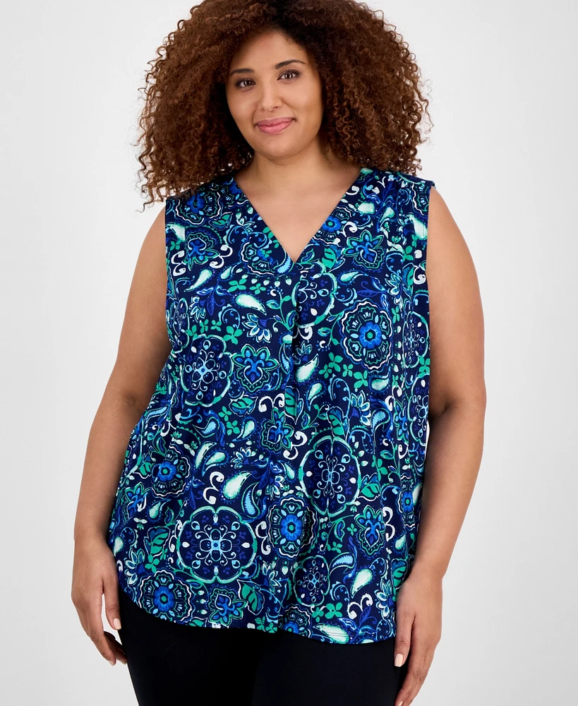 Jones New York Plus Size Printed V-Neck Pleated Top
