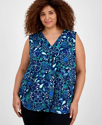 Jones New York Plus Size Printed V-Neck Pleated Top