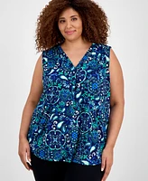 Jones New York Plus Size Printed V-Neck Pleated Top