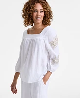 Jm Collection Petite Cotton Square-Neck Floral-Applique Top, Exclusively at Macy's