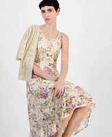 Robbie Bee Women's Crochet Shrug Printed Lace Dress