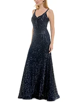 Taylor Women's Sequined Bow-Trim V-Neck Sleeveless Gown