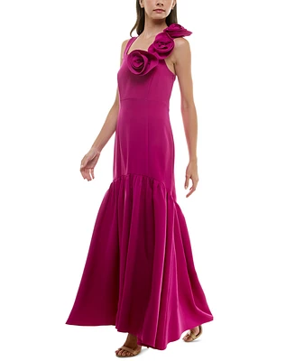 Taylor Women's Rosette-Trim Square-Neck Flounce-Hem Gown