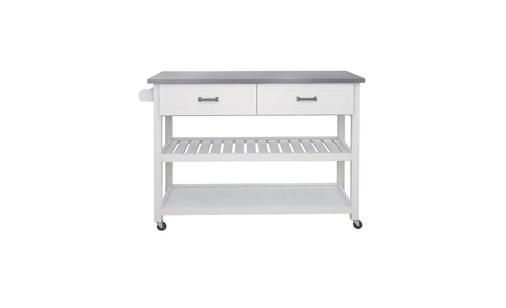 Stainless Steel Table Top White Kicthen Cart With Two Drawers