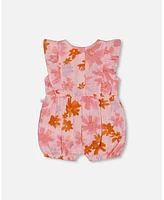 Deux par Baby Girls Printed Muslin Romper Pink And Coral Flowers