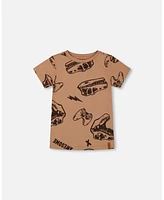 Deux par Big Boys Printed Cotton Tee Beige And Black Dinos