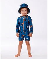 Deux par Baby Boys Printed Long Sleeve One-Piece Rashguard Orange Sloths On Navy Blue