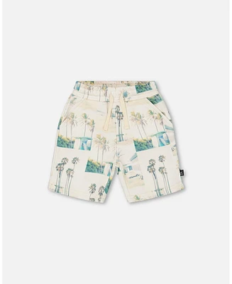 Deux par Toddler Boys Printed French Terry Short Beige Palm Tree And Teal - Toddler|Child