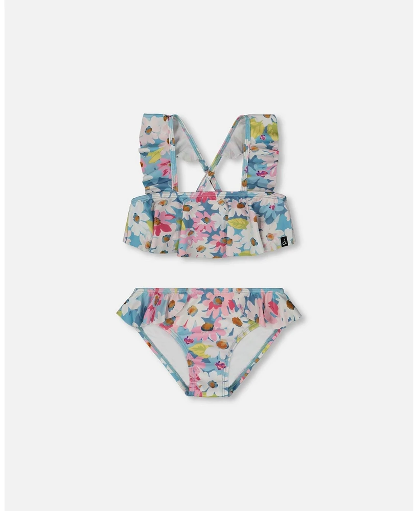 Deux par Girl Printed Two-Piece Swimsuit With Frills White, Pink, And Green Flowers - Toddler|Child