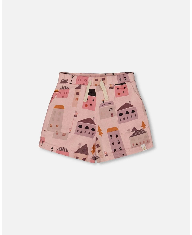 Deux par Big Girls Printed French Terry Short Pink And Coral Houses