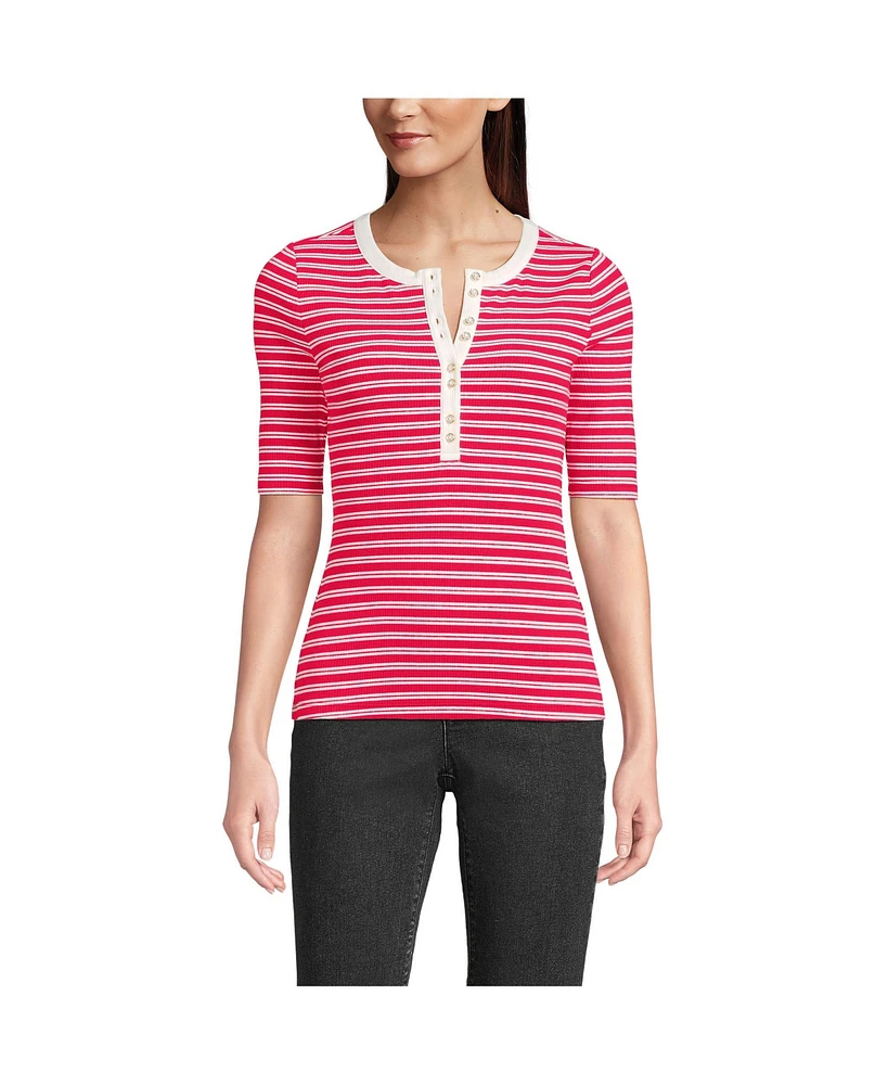 Lands' End Women's Elbow Sleeve Polished Rib Henley Top