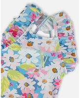 Deux par Baby Girls Printed One-Piece Swimsuit With Frills White, Pink, And Green Flowers