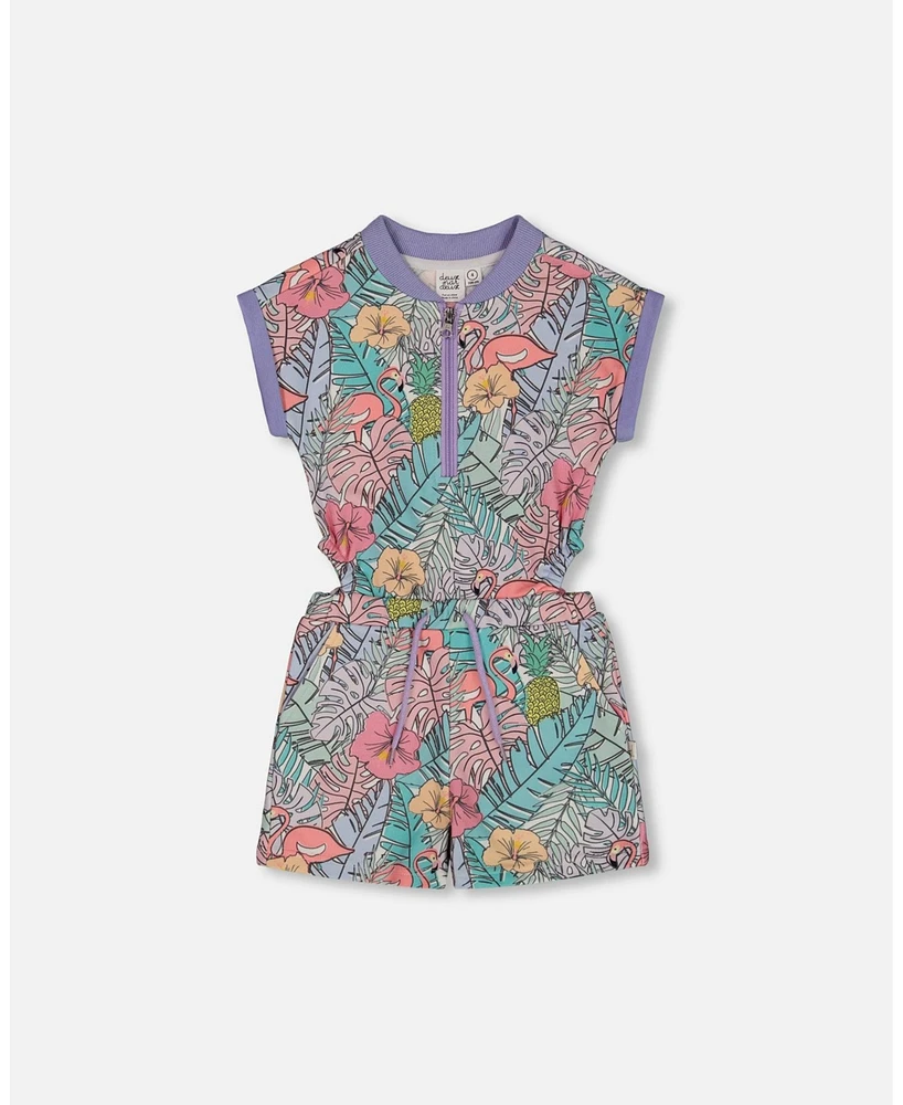 Deux par Big Girls Printed French Terry Romper Lilac Tropical And Pink Flamingos