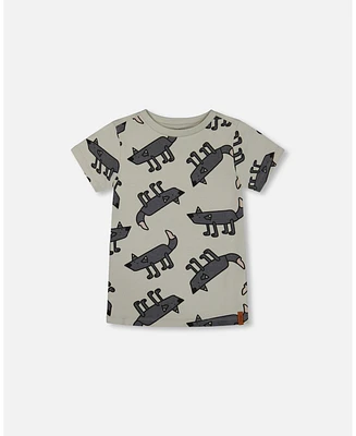 Deux par Toddler Boys Printed Cotton Tee Gray Wolf On Teal Background - Toddler|Child