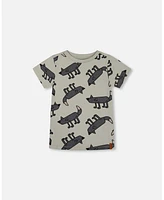 Deux par Toddler Boys Printed Cotton Tee Gray Wolf On Teal Background - Toddler|Child