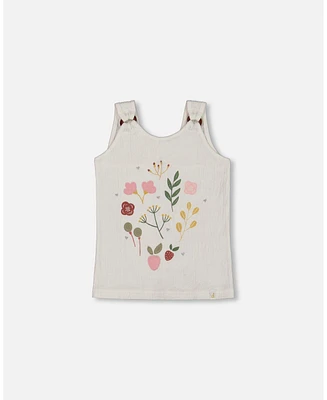 Deux par Big Girls Crinkle Jersey Tank Top Pink Flowers On Cream Background