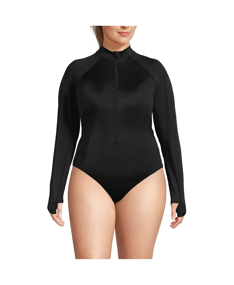 Lands' End Women's Plus Tugless Long Sleeve Rash Guard One Piece Swimsuit