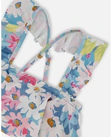 Deux par Girls Printed Two-Piece Swimsuit With Frills White, Pink, And Green Flowers