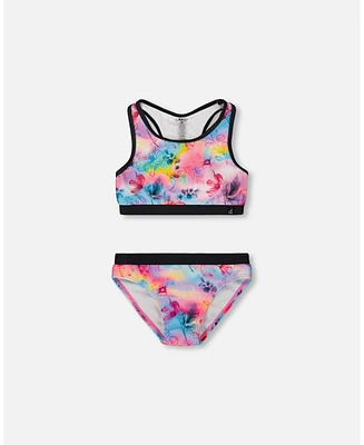 Deux par Girls Printed Two-Piece Racerback Swimsuit Butterflies On Multicolored And Black Background