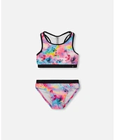 Deux par Girls Printed Two-Piece Racerback Swimsuit Butterflies On Multicolored And Black Background