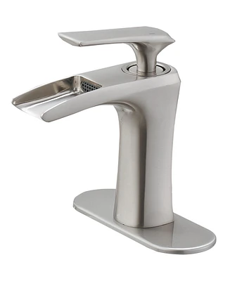 Waterfall Single Hole Single-Handle Low-Arc Bathroom Faucet With Deck Plate in Brushed Nickel